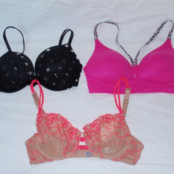 Lot of 3 Victoria's Secret Sexy Push Up Unlined Plunge Black Dots Lace Bras - Picture 1 of 16